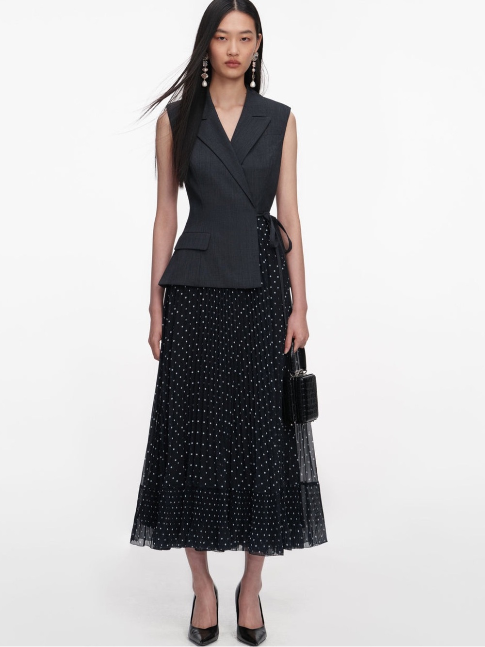 NWOT Self-Portrait GREY TAILORED POLKA DOT MIDI DRESS
